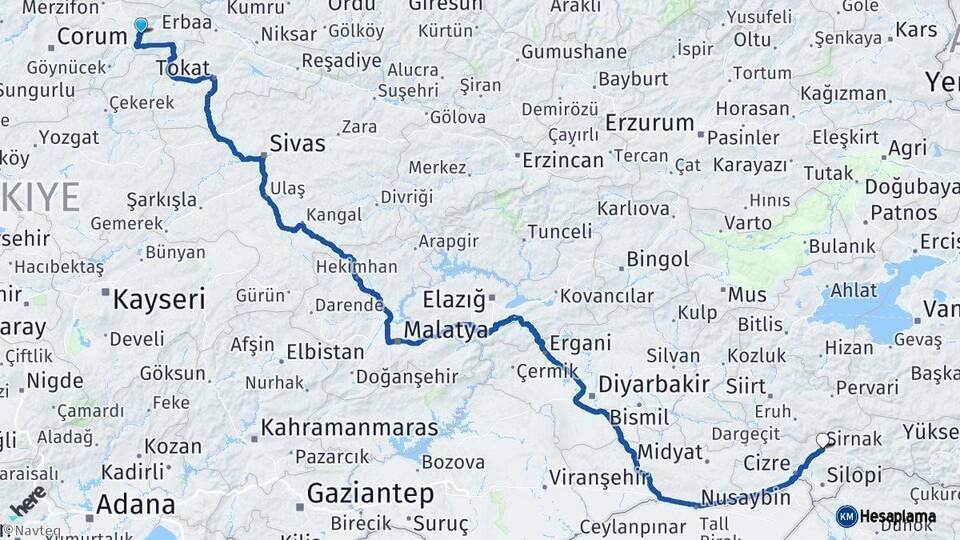 Amasya Şırnak Arası Kaç Km - Yol Haritası