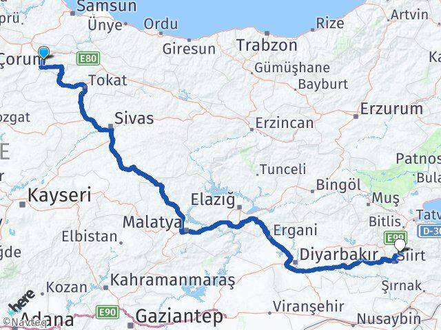 Amasya Şirvan Siirt Arası Kaç Km - Yol Haritası