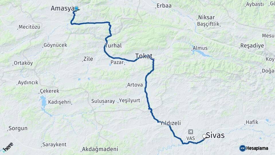 Amasya Sivas Arası Kaç Km - Yol Haritası