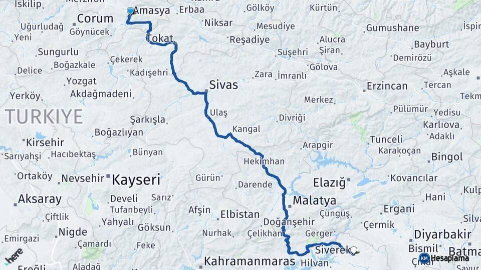 Amasya Siverek Şanlıurfa Arası Kaç Km - Yol Haritası