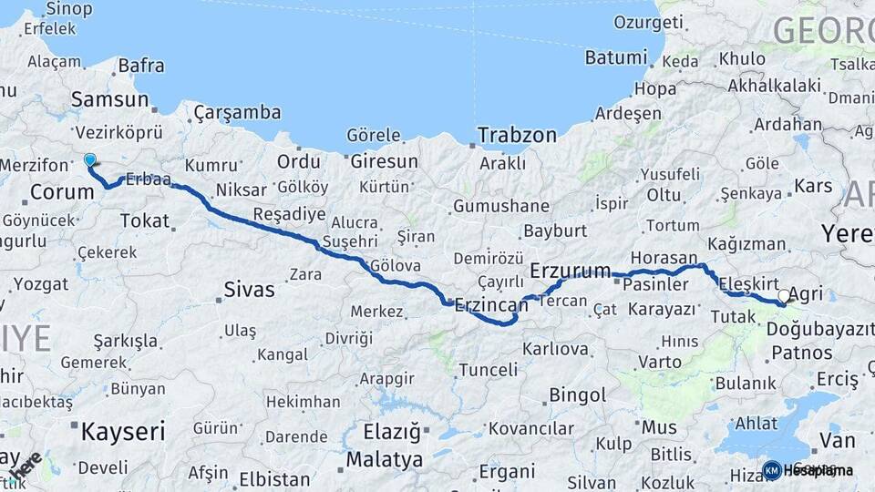 Amasya Suluova Ağrı Arası Kaç Km - Yol Haritası