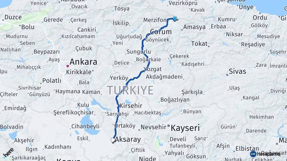 Amasya Suluova Aksaray Arası Kaç Km - Yol Haritası