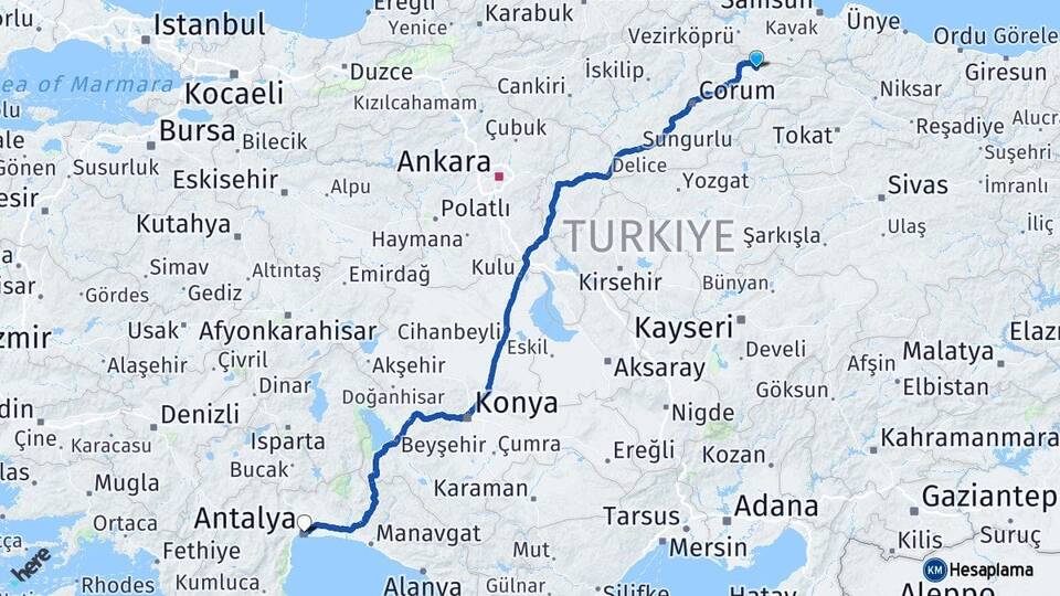 Amasya Suluova Antalya Arası Kaç Km - Yol Haritası