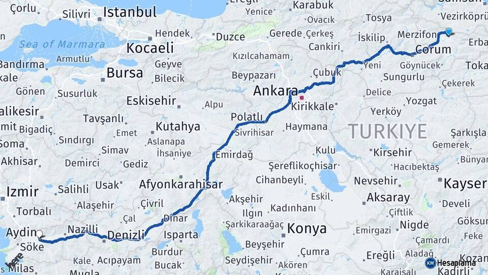 Amasya Suluova Aydın Arası Kaç Km - Yol Haritası