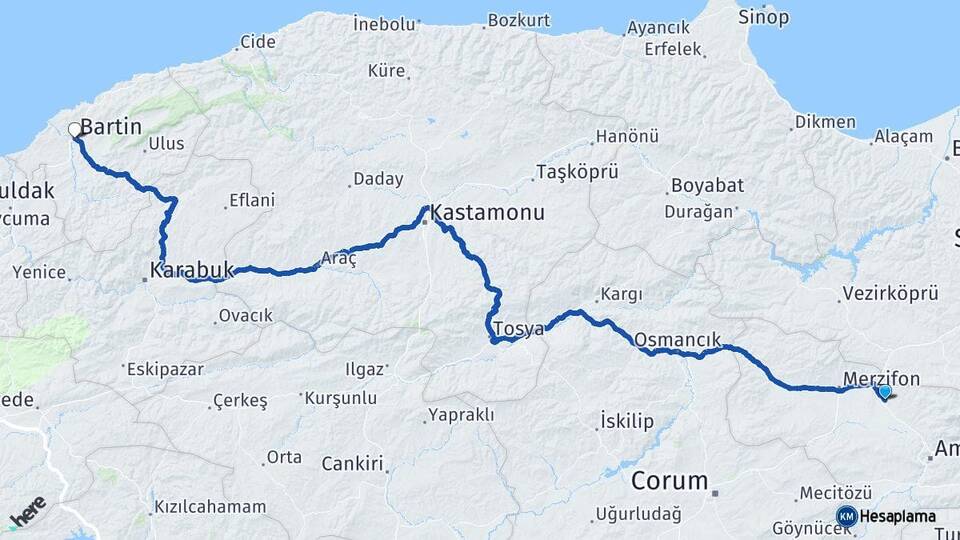 Amasya Suluova Bartın Arası Kaç Km - Yol Haritası