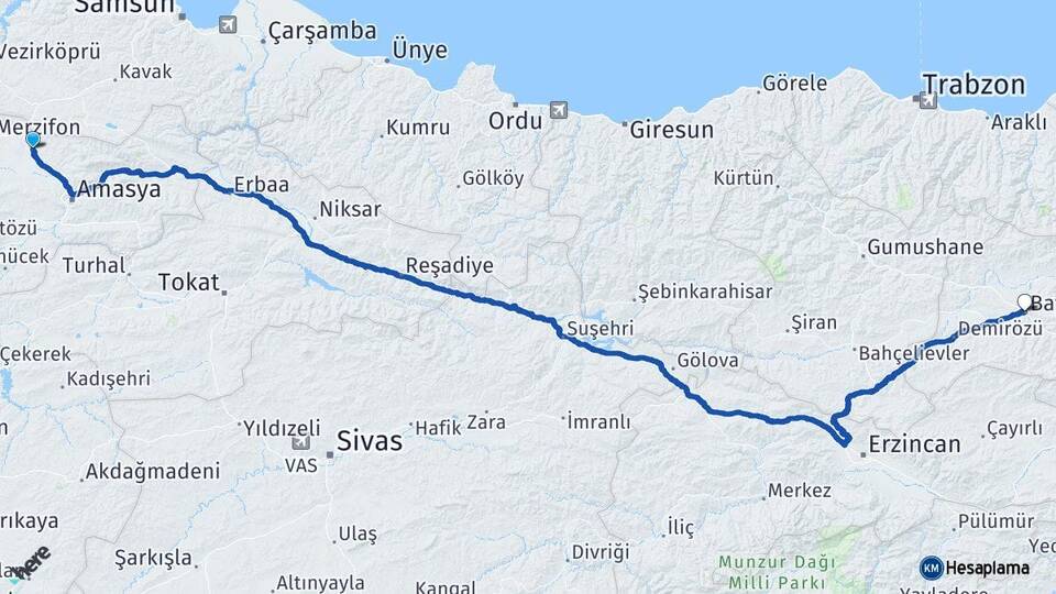 Amasya Suluova Bayburt Arası Kaç Km - Yol Haritası