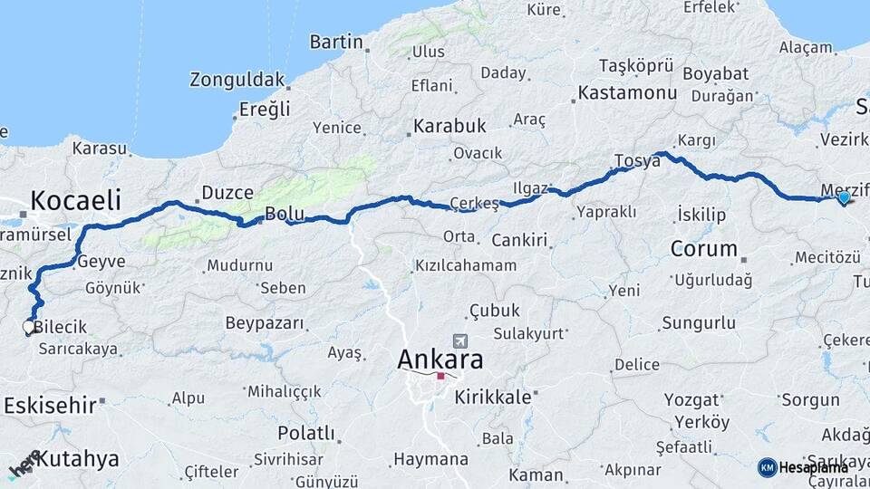 Amasya Suluova Bilecik Arası Kaç Km - Yol Haritası