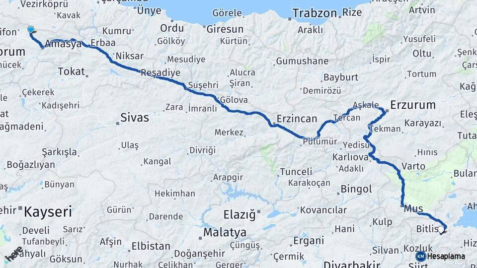 Amasya Suluova Bitlis Arası Kaç Km - Yol Haritası