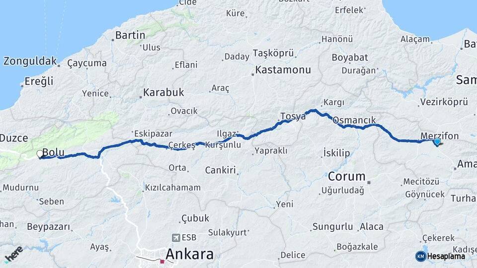 Amasya Suluova Bolu Arası Kaç Km - Yol Haritası