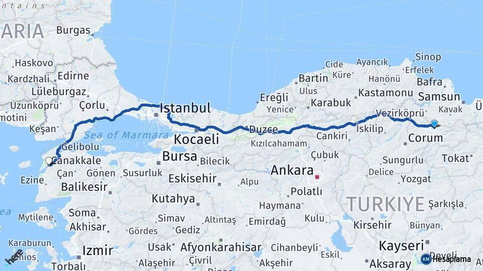 Amasya Suluova Çanakkale Arası Kaç Km - Yol Haritası