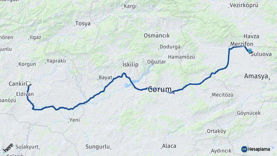 Amasya Suluova Çankırı Arası Kaç Km - Yol Haritası
