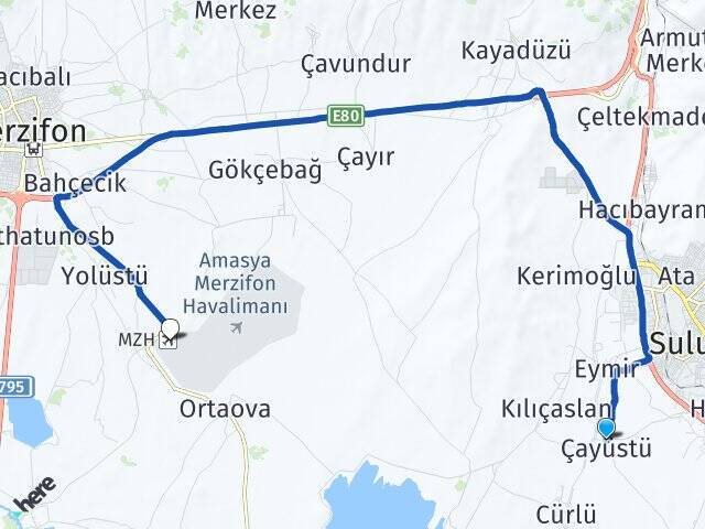 Çayüstü Merzifon Havalimanı Arası Kaç Km - Yol Tarifi