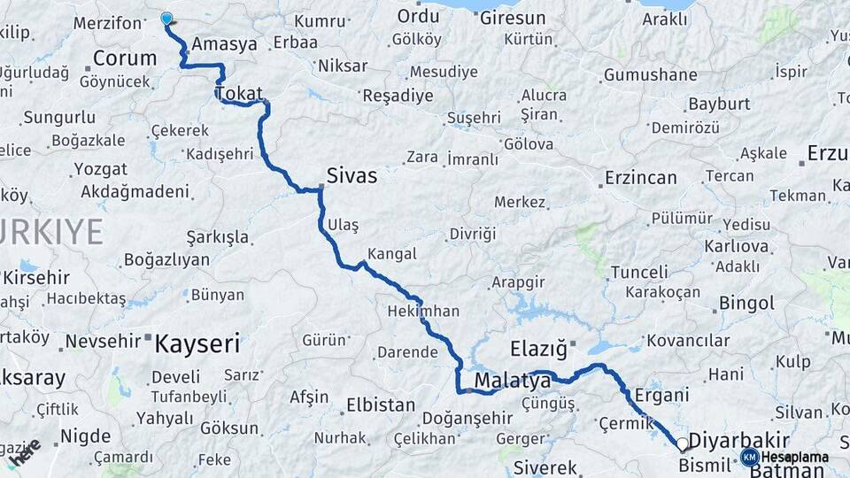 Amasya Suluova Diyarbakır Arası Kaç Km - Yol Haritası