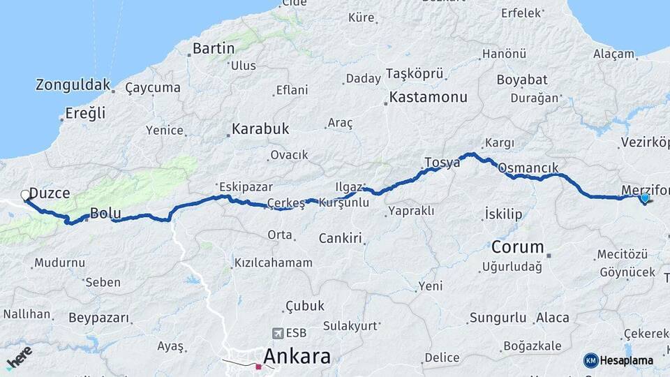 Amasya Suluova Düzce Arası Kaç Km - Yol Haritası