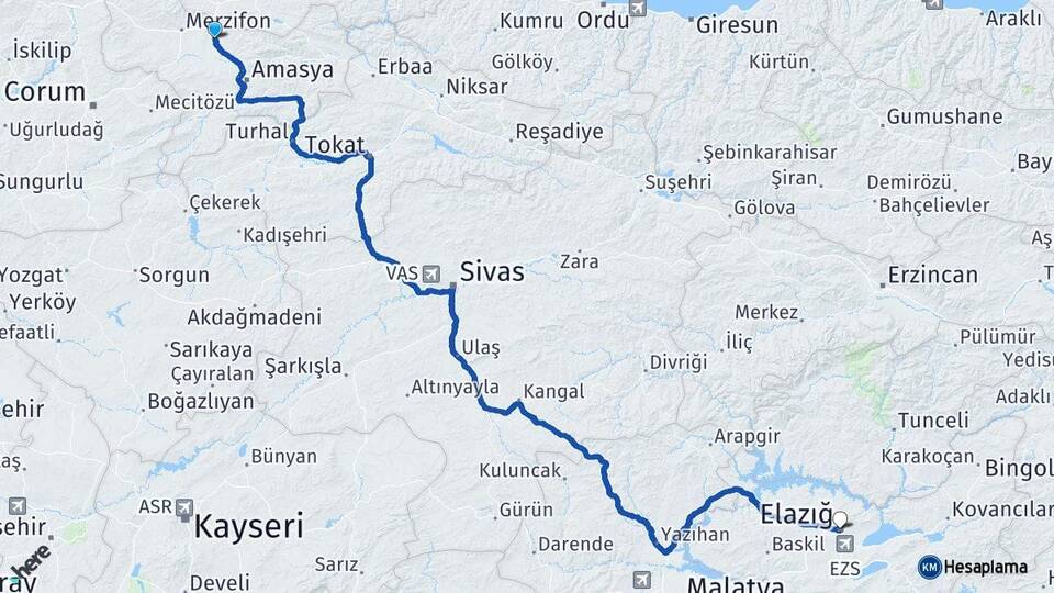 Amasya Suluova Elazığ Arası Kaç Km - Yol Haritası