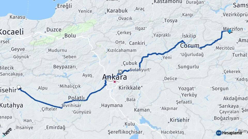 Amasya Suluova Eskişehir Arası Kaç Km - Yol Haritası