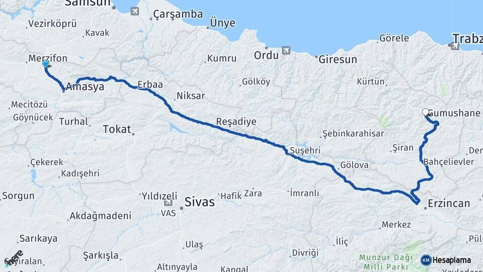 Amasya Suluova Gümüşhane Arası Kaç Km - Yol Haritası