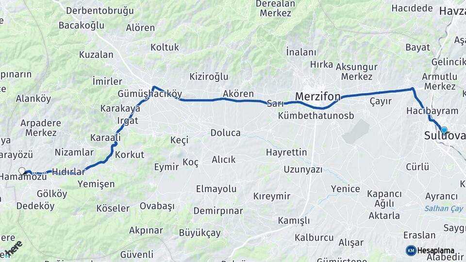 Amasya Suluova Hamamözü Arası Kaç Km - Yol Haritası