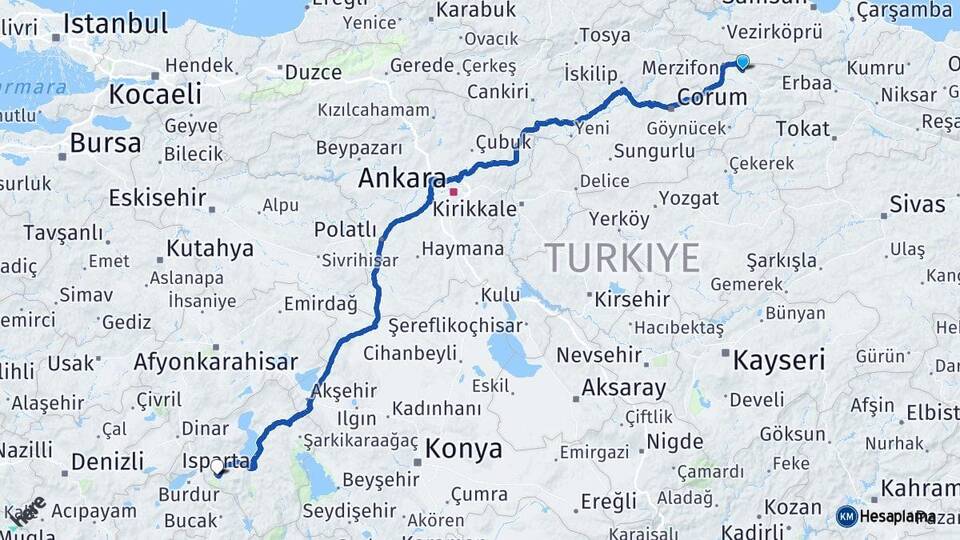 Amasya Suluova Isparta Arası Kaç Km - Yol Haritası