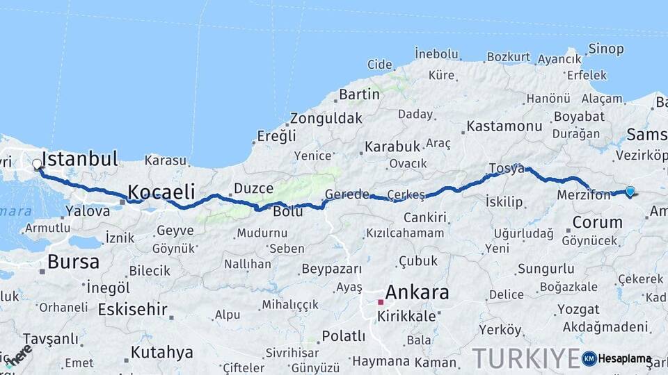 Amasya Suluova İstanbul Arası Kaç Km - Yol Haritası
