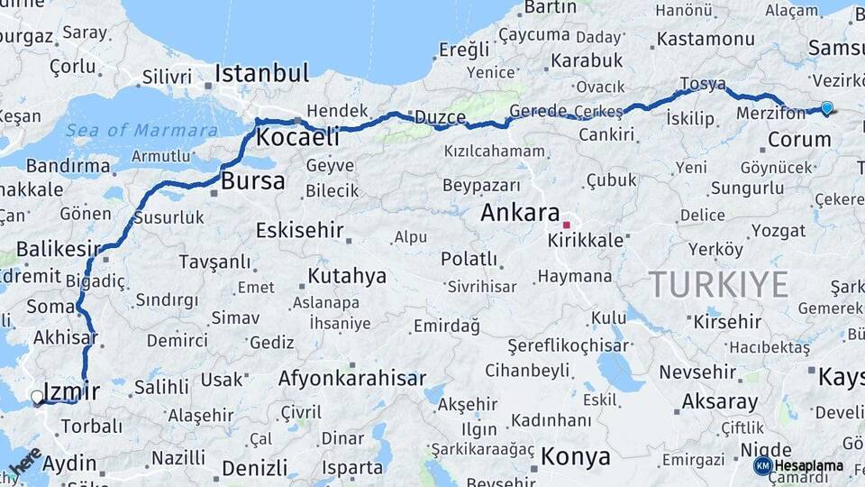 Amasya Suluova İzmir Arası Kaç Km - Yol Haritası