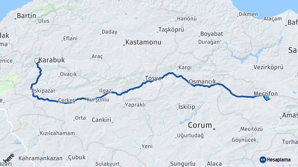 Amasya Suluova Karabük Arası Kaç Km - Yol Haritası