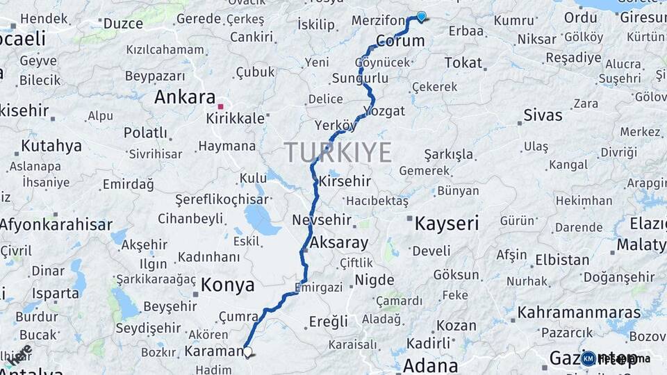 Amasya Suluova Karaman Arası Kaç Km - Yol Haritası
