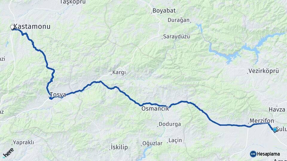 Amasya Suluova Kastamonu Arası Kaç Km - Yol Haritası