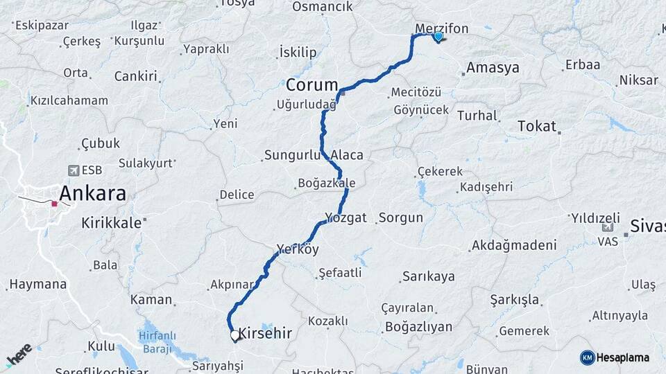 Amasya Suluova Kırşehir Arası Kaç Km - Yol Haritası