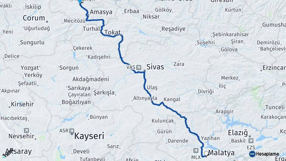 Amasya Suluova Malatya Arası Kaç Km - Yol Haritası