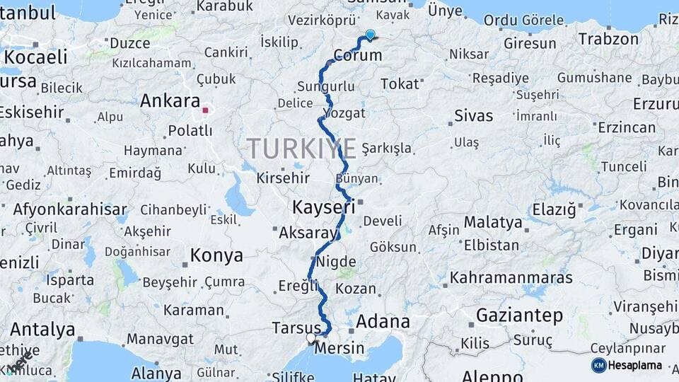 Amasya Suluova Mersin Arası Kaç Km - Yol Haritası