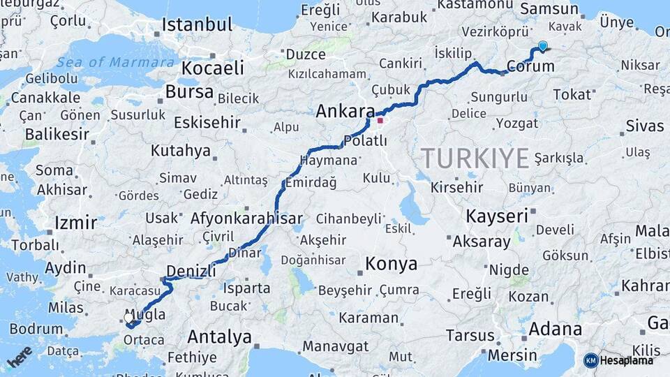 Amasya Suluova Muğla Arası Kaç Km - Yol Haritası