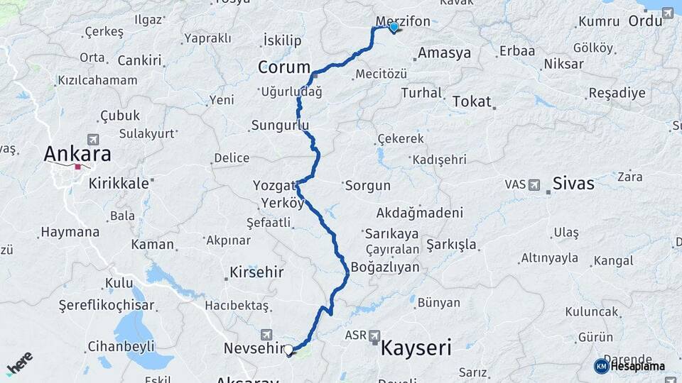 Amasya Suluova Nevşehir Arası Kaç Km - Yol Haritası