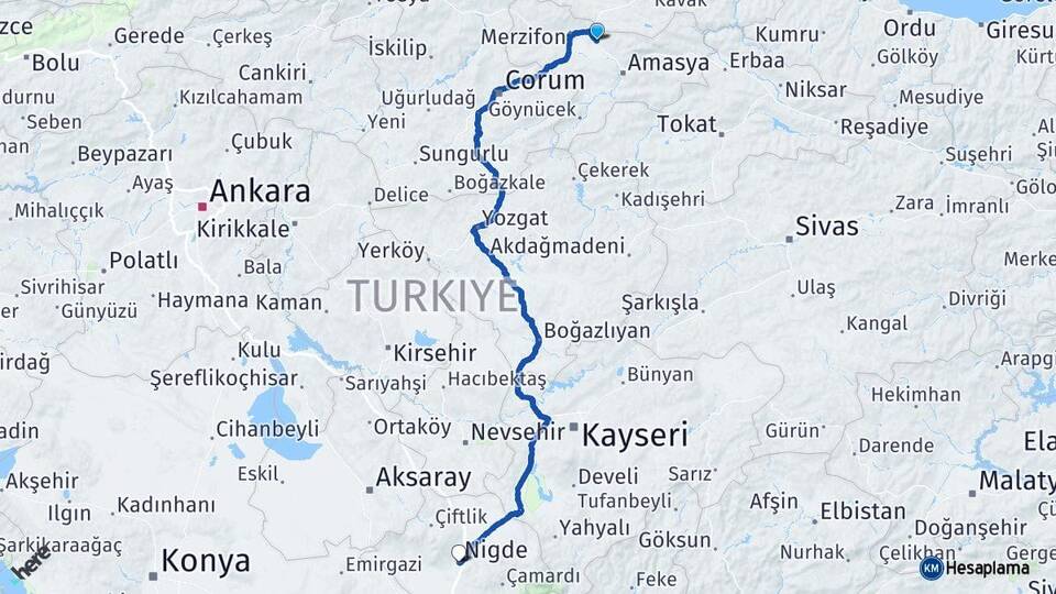 Amasya Suluova Niğde Arası Kaç Km - Yol Haritası