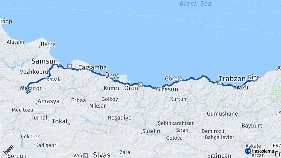 Amasya Suluova Rize Arası Kaç Km - Yol Haritası