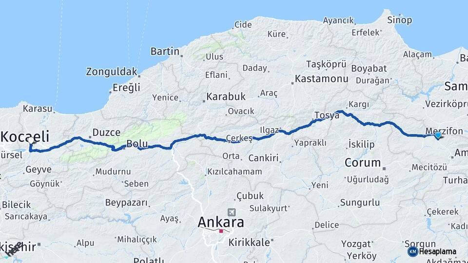 Amasya Suluova Sakarya Arası Kaç Km - Yol Haritası