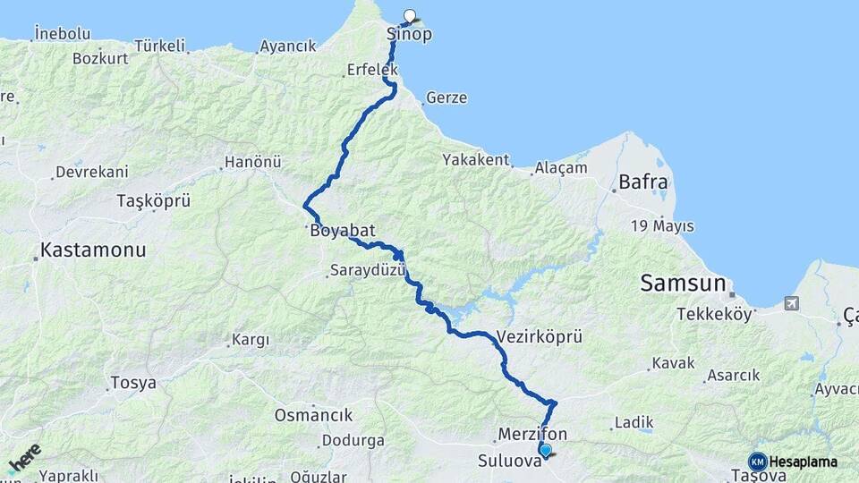 Amasya Suluova Sinop Arası Kaç Km - Yol Haritası