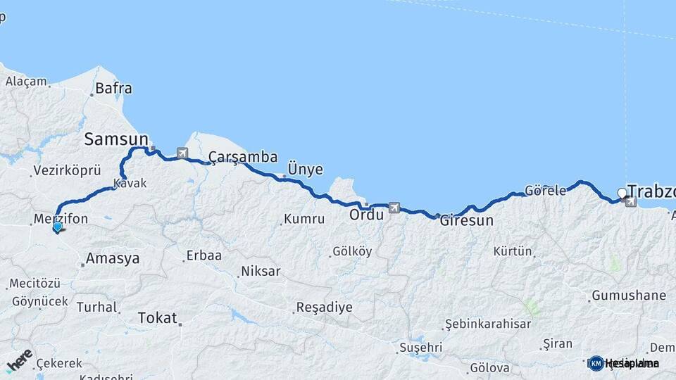 Amasya Suluova Trabzon Arası Kaç Km - Yol Haritası