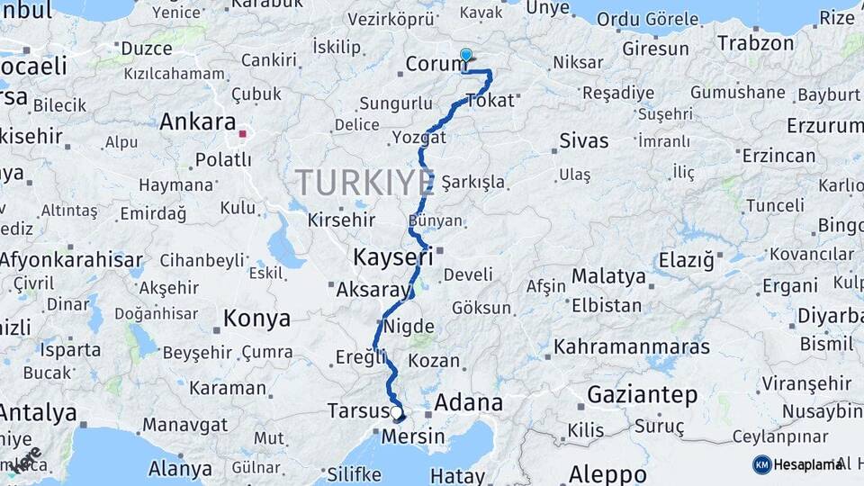 Amasya Tarsus Mersin Arası Kaç Km - Yol Haritası