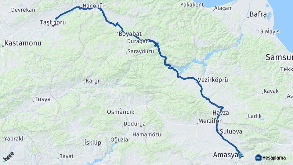 Amasya Taşköprü Kastamonu Arası Kaç Km - Yol Haritası