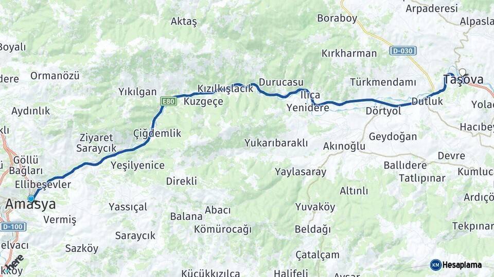 Amasya Taşova Arası Kaç Km - Yol Haritası