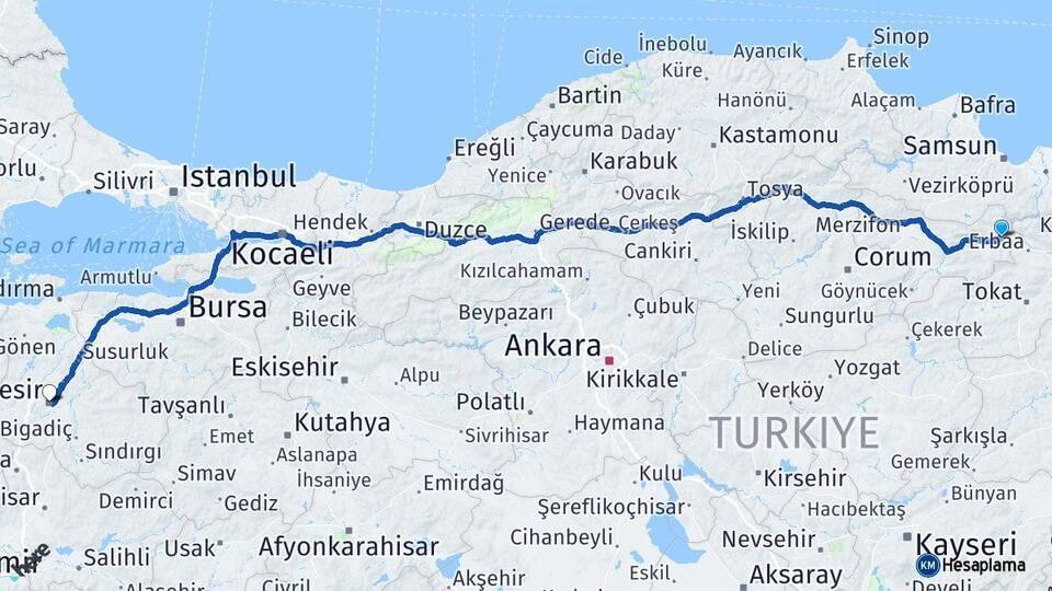 Taşova Balıkesir Arası Kaç Km - Yol Tarifi