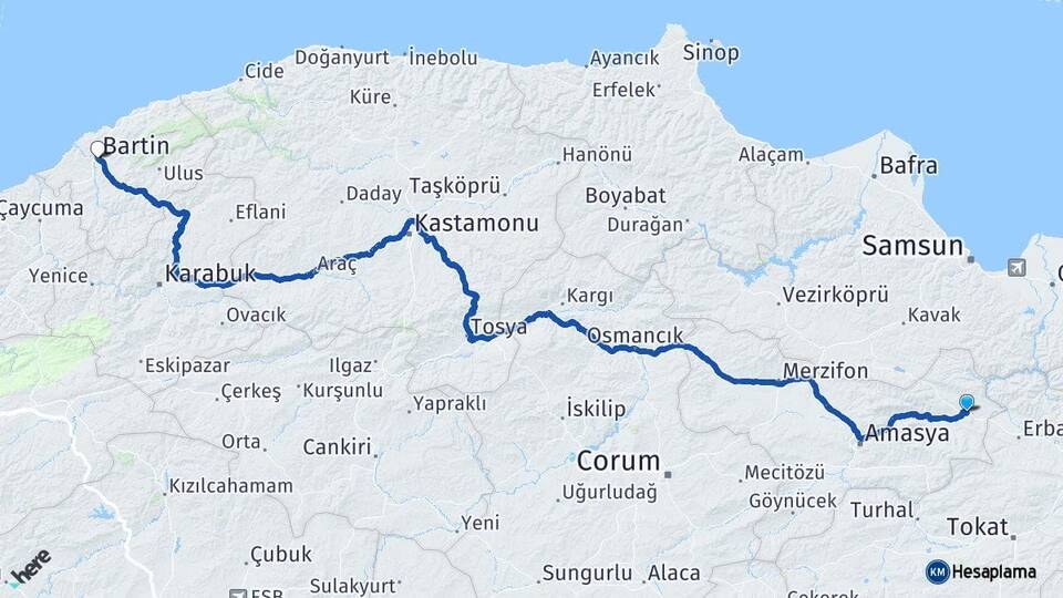 Amasya Taşova Bartın Arası Kaç Km - Yol Haritası