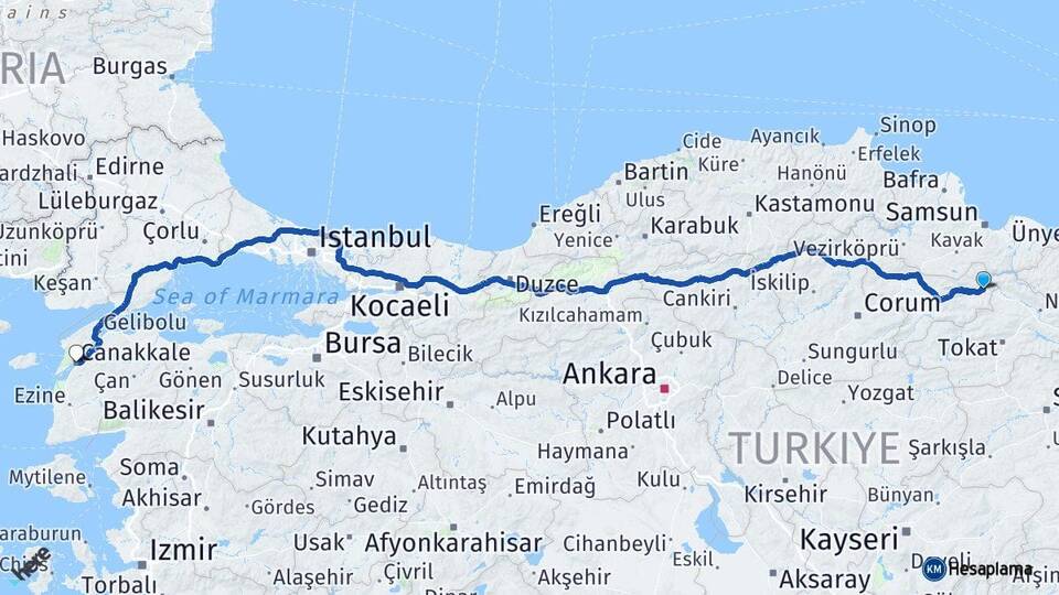 Taşova Çanakkale Arası Kaç Km - Yol Tarifi