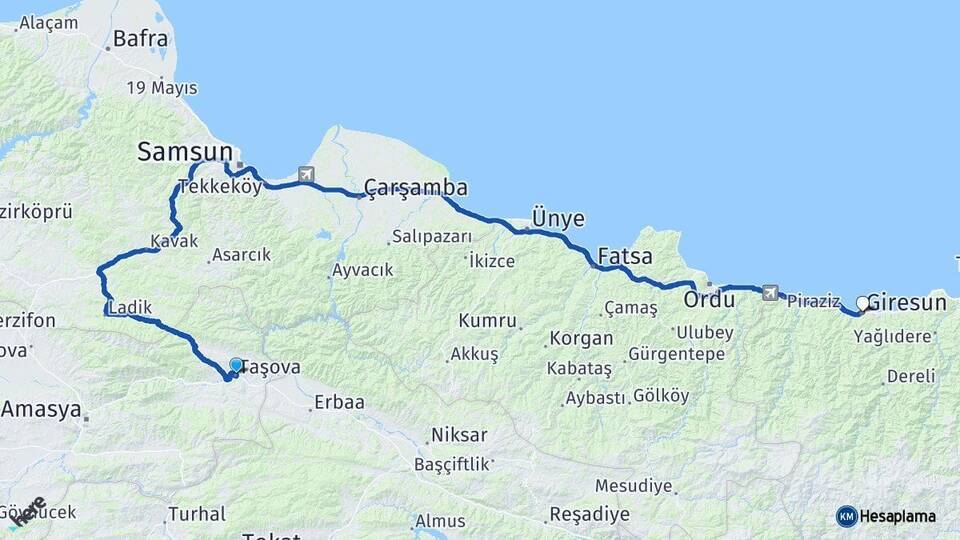 Taşova Giresun Arası Kaç Km - Yol Tarifi