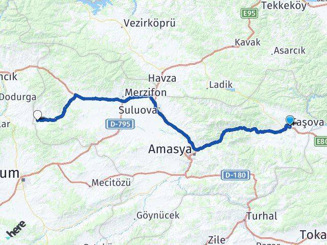 Amasya Taşova Hamamözü Arası Kaç Km - Yol Haritası