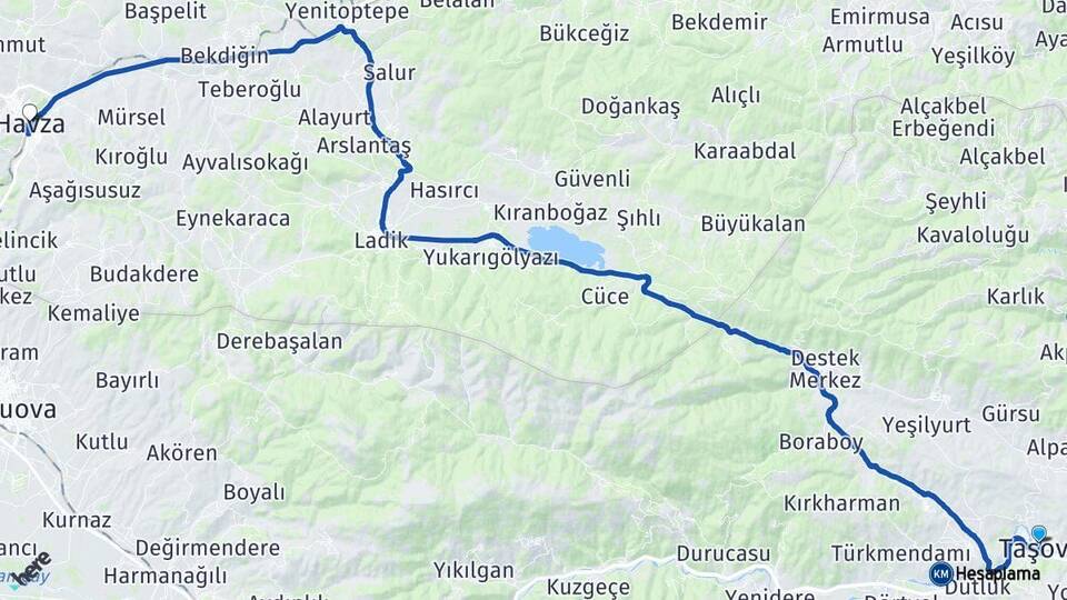 Amasya Taşova Havza Samsun Arası Kaç Km - Yol Haritası