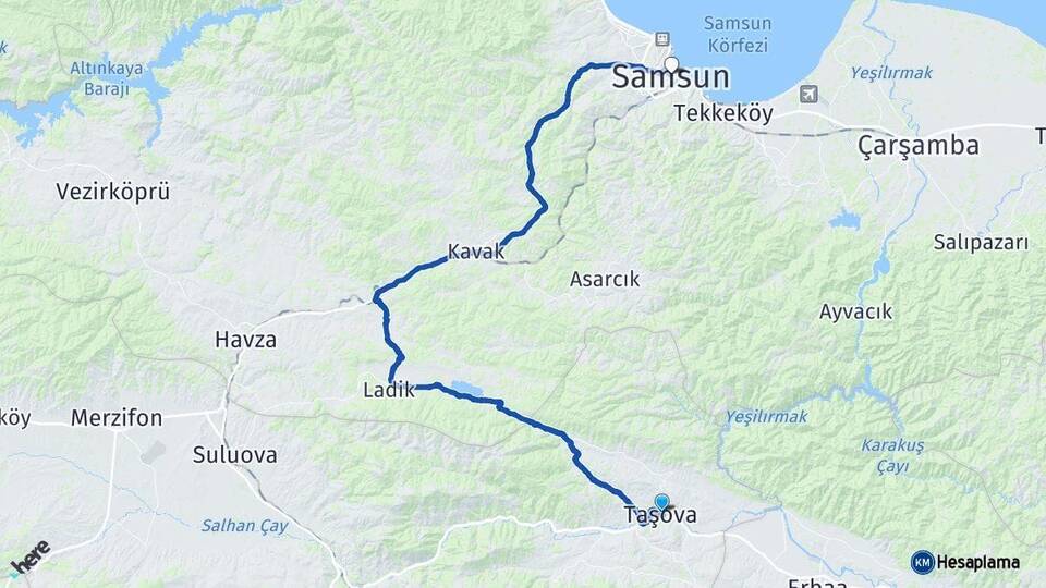 Amasya Taşova Samsun Arası Kaç Km - Yol Haritası