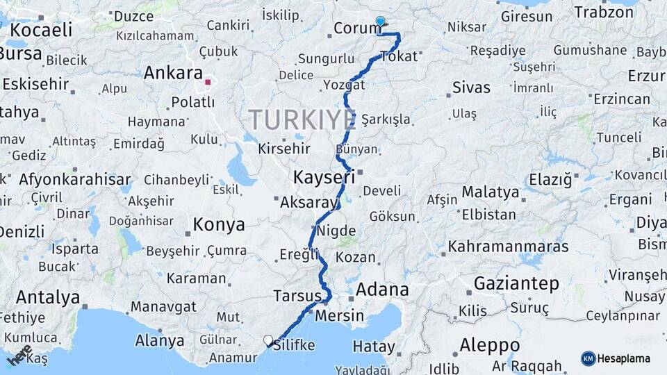 Amasya Taşucu Silifke Mersin Arası Kaç Km - Yol Haritası