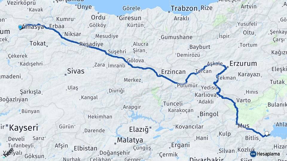 Amasya Tatvan Bitlis Arası Kaç Km - Yol Haritası